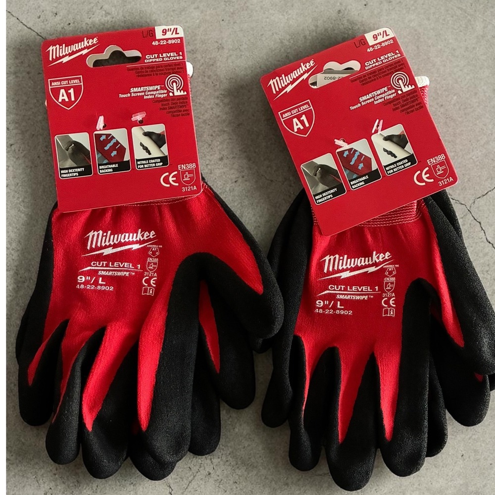 NEW Milwaukee Work Gloves LG (9) A1 Cut Level 1 Nitrile Dipped Grip 2PK BUNDLE